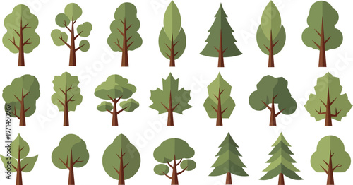 Collection of flat trees in various shapes and shades of green nature forest woodland