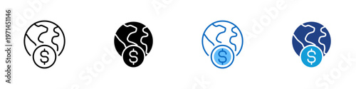Global Currency Multiple Style Icon Design Vector - Globe with dollar symbol representing international finance, global economy, and currency exchange