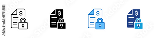 Secure Invoice Multiple Style Icon Design Vector - Document with dollar sign and padlock representing secure transactions, financial protection, and encrypted billing