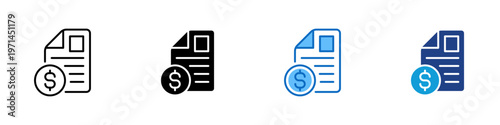 Invoice Document Multiple Style Icon Design Vector - Document with dollar symbol representing billing record, financial statement, and payment documentation