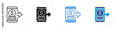 Mobile Payment Multiple Style Icon Design Vector - Smartphone with dollar symbol and arrow representing digital payment, online transaction, and money transfer