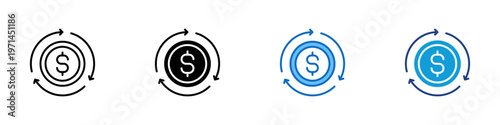 Money Cycle Multiple Style Icon Design Vector - Dollar coin with circular arrows representing financial circulation, recurring payment, and cash flow management