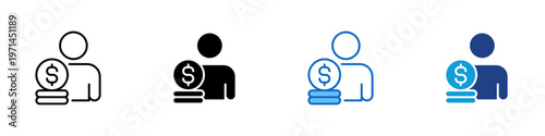 Personal Finance Multiple Style Icon Design Vector - Person with coin stack representing personal finance, savings management, and income tracking