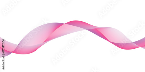 An illustration of a pink satin ribbon isolated on a white background featuring wavy curves and a purple smoke design with violet light patterns in a motion vector art style