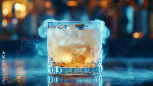 Cold whiskey cocktail with ice and mystical blue smoke swirling around the glass on a bar counter