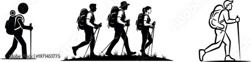 Black silhouettes of people hiking with backpacks and trekking poles