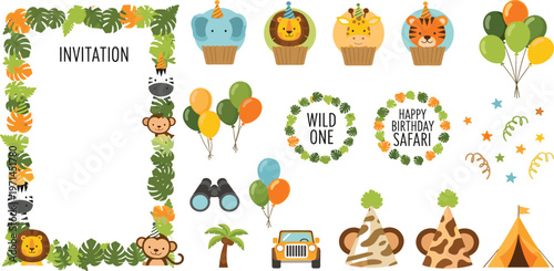 Safari-Themed Happy Birthday Invitation with Animals, Balloons, and Cupcakes Flat Vector Illustration Set