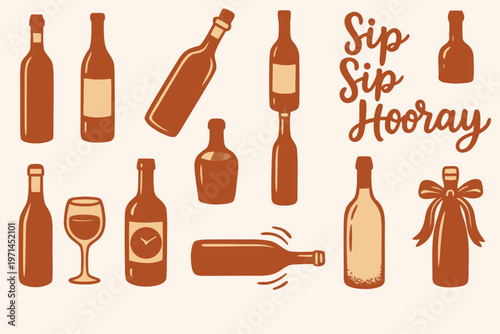 Collection of wine bottles, glass, and gift ribbon in a celebratory 'Sip Sip Hooray' design, flat illustration style