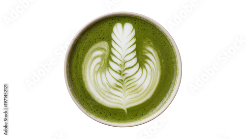Green matcha latte with white foam art in a cup, isolated on transparent background