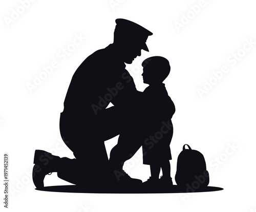 Silhouette of police officer kneeling to speak with her child.