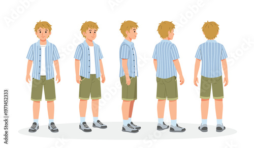 Teen Boy Turnaround Sheet. Casual Boy Cartoon 2d Character Turnaround sheet. Front, Side, Back View Animated Character. Boy 2d Character Turnaround Sheet.