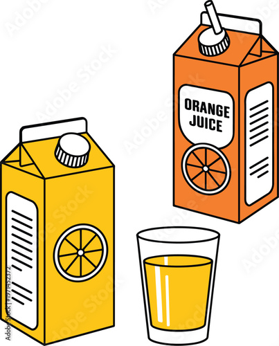 Minimal orange juice carton box and glass in flat vector style isolated on white background for beverage icon and citrus drink design