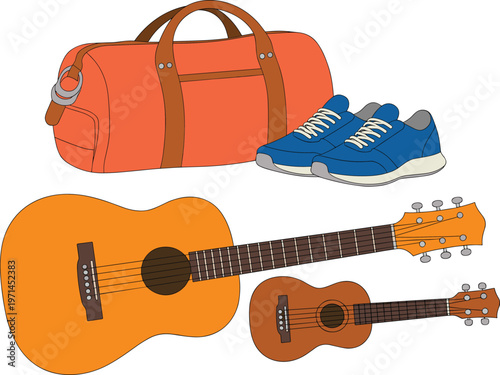 Travel and music items set with duffel bag sneakers guitar and ukulele in flat vector style isolated on white background for lifestyle and adventure design