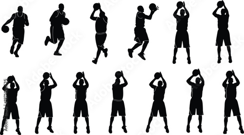 Black silhouettes of professional basketball players in various action poses including shooting, dribbling, and jumping isolated on a white background for sports graphic design.