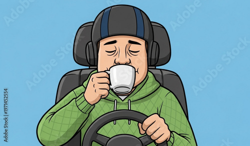 :
Driving Situations Cartoon Characters in Car Interior Drinking Coffee Phone Singing Vector Set
