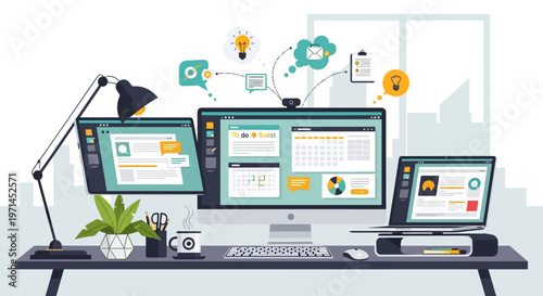 Modern home office with multiple monitors, laptop, and digital icons. Work from home setup.