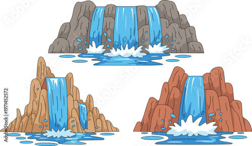 Waterfall set with flowing water over rocky cliffs in flat vector style isolated on white background for nature landscape and travel design