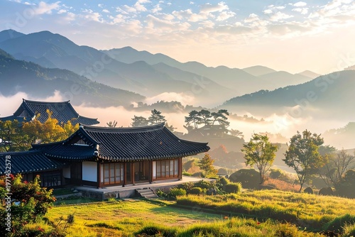 Hanok House in Mountain Landscape at Sunrise, South Korea