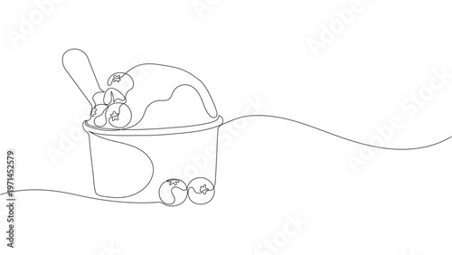 Single line art ice cream cup with fresh berry garnish, minimalist dessert vector. Editable stroke.