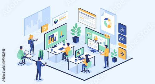 Modern office with people working and data visualization on screens