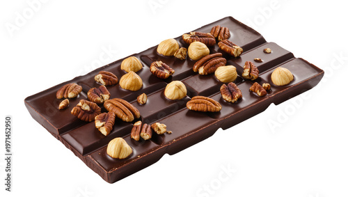 Schilderij op canvas Dark chocolate bar with whole hazelnuts and pecan halves, isolated on transparen