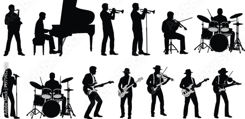 Musical band silhouette set featuring diverse musicians playing piano, guitar, drums, saxophone, trumpet, violin, and singing isolated on white background for concert event vector design.