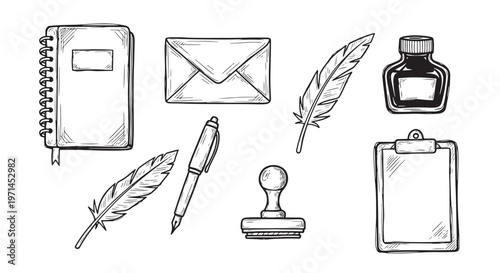 Vintage Office Supplies Collection Hand Drawn Sketch Vector. Classic Pen, Ink Bottle, Notebook and Envelope Illustration.