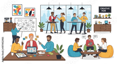 Diverse team collaborating in modern open-plan office, brainstorming ideas