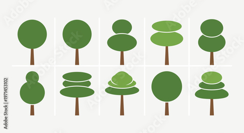 Ten stylized green trees with brown trunks arranged in two rows on a light gray background