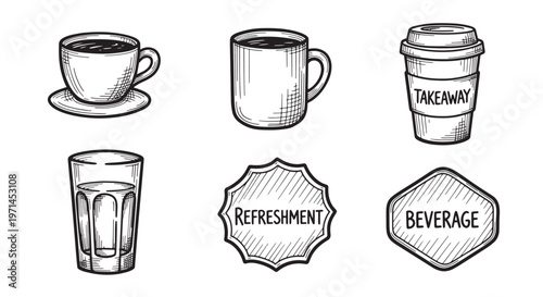 Hot and cold beverage icons set with coffee cup takeaway mug and water glass hand drawn sketch illustrations.