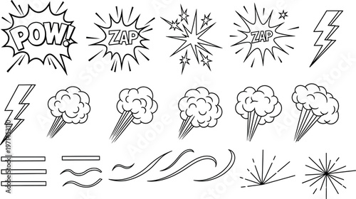 Vintage comic book style explosion and action effects collection in black and white