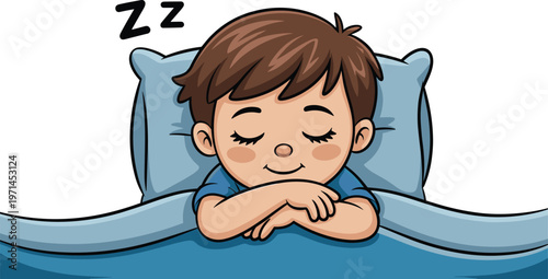 Cute sleeping boy in bed with pillow blanket and Z symbols in flat vector style isolated on white background for bedtime and kids sleep concept