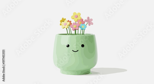 Cute green ceramic pot, smiling face, colorful flowers, spring decoration, garden illustration
