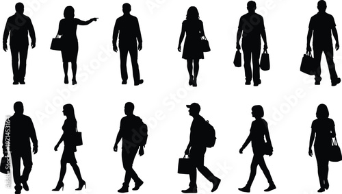 Vector illustration set of black silhouettes featuring diverse men and women walking standing carrying shopping bags and wearing backpacks isolated on a white background.