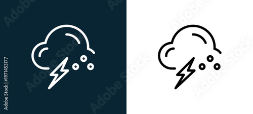 Two-color storm outline icon pair in black and white, editable stroke vector illustration for web, mobile apps, UI design, branding, and print from weather