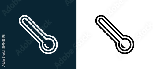 Two-color thermometer outline icon pair in black and white, editable stroke vector illustration for web, mobile apps, UI design, branding, and print from weather