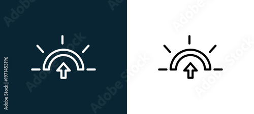 Two-color sunrise outline icon pair in black and white, editable stroke vector illustration for web, mobile apps, UI design, branding, and print from weather