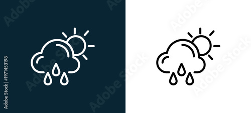 Two-color rain outline icon pair in black and white, editable stroke vector illustration for web, mobile apps, UI design, branding, and print from weather