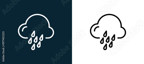 Two-color drizzle outline icon pair in black and white, editable stroke vector illustration for web, mobile apps, UI design, branding, and print from weather