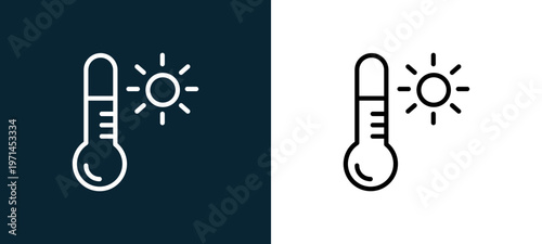 Two-color thermometer outline icon pair in black and white, editable stroke vector illustration for web, mobile apps, UI design, branding, and print from weather