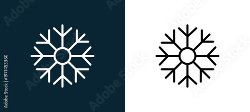 Two-color snowflake outline icon pair in black and white, editable stroke vector illustration for web, mobile apps, UI design, branding, and print from weather