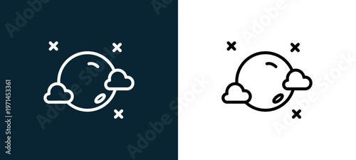 Two-color full moon outline icon pair in black and white, editable stroke vector illustration for web, mobile apps, UI design, branding, and print from weather