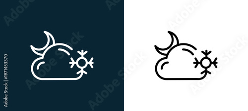 Two-color snowing outline icon pair in black and white, editable stroke vector illustration for web, mobile apps, UI design, branding, and print from weather