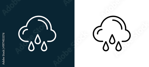 Two-color rain outline icon pair in black and white, editable stroke vector illustration for web, mobile apps, UI design, branding, and print from weather
