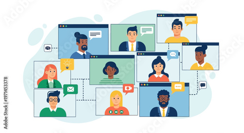 Diverse team collaborating remotely via video conference calls