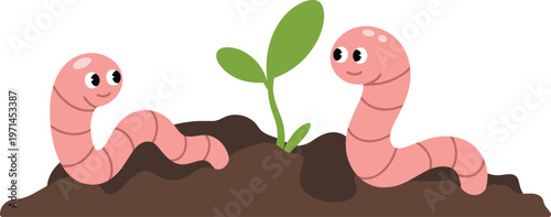 Cute smiling worms in soil with growing plant sprout in flat vector style isolated on white background for gardening and nature education design