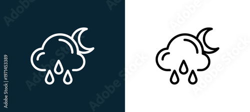 Two-color rain outline icon pair in black and white, editable stroke vector illustration for web, mobile apps, UI design, branding, and print from weather