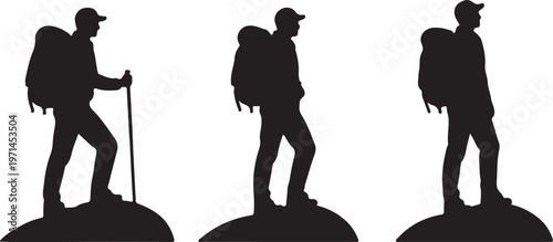 Silhouette of Hiker Standing on Mountain Peak with Backpack, Adventure Concept
