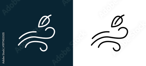 Two-color wind outline icon pair in black and white, editable stroke vector illustration for web, mobile apps, UI design, branding, and print from weather