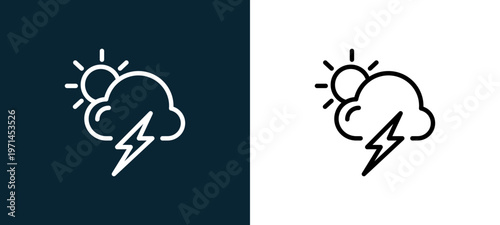Two-color storm outline icon pair in black and white, editable stroke vector illustration for web, mobile apps, UI design, branding, and print from weather